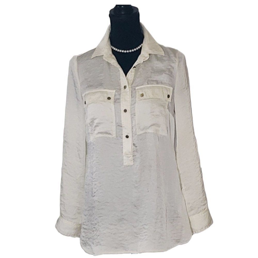 Michael Kors Womens Cream Satin Button Roll Tab Long Sleeves Pocket Top Size XS